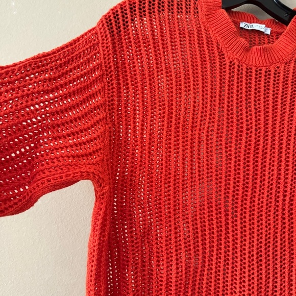Zara Red Orange Cotton Crochet Short Sleeve Top Size S - Picture 3 of 7
